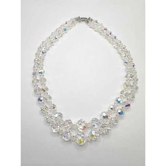 Vendome Vintage Necklace Clear Aurora Borealis Crystal Double Strand FLAW‎ - Picture 1 of 5